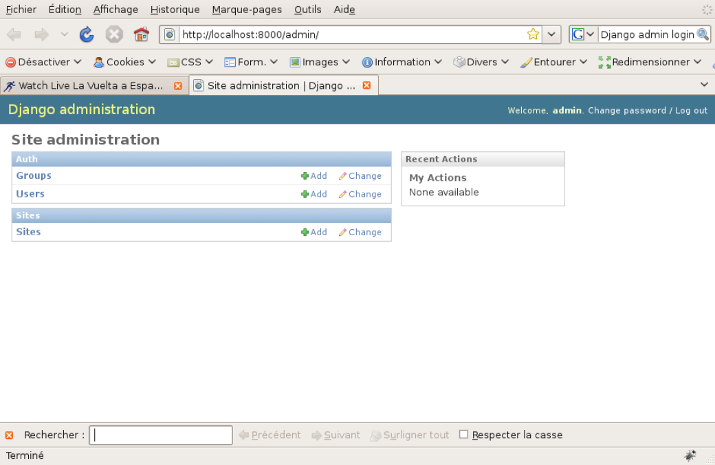 Capture Site administration Django site admin Mozilla Firefox Django (2nde partie) : le Modèle et lAdmin" width="75%