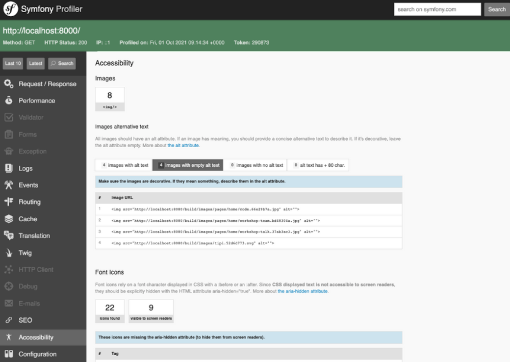 Capture d'écran de la page accessibilité du profiler Symfony
