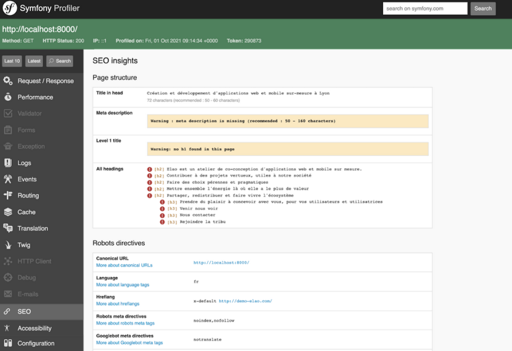 Capture d'écran de la page SEO du profiler Symfony